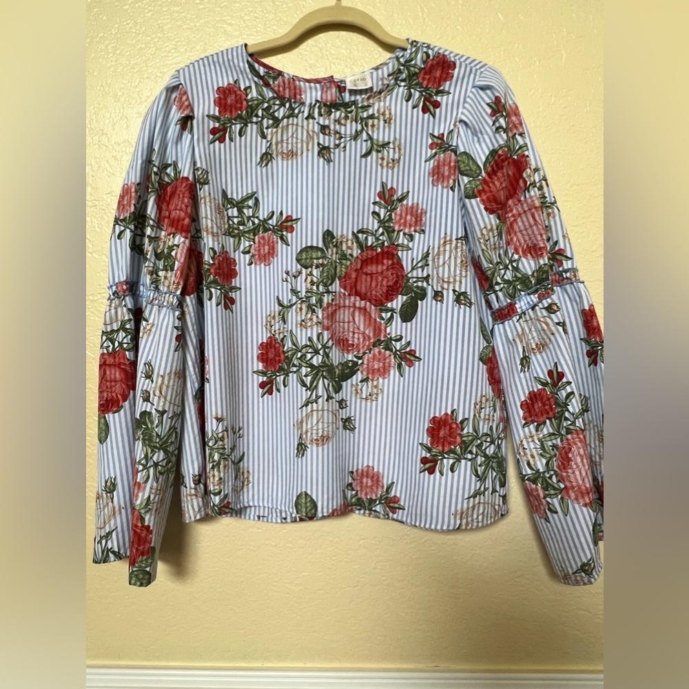 CUPIO Blouse M Bohemian Stripe Ticking Roses Bell Sleeve Flirty/Feminine